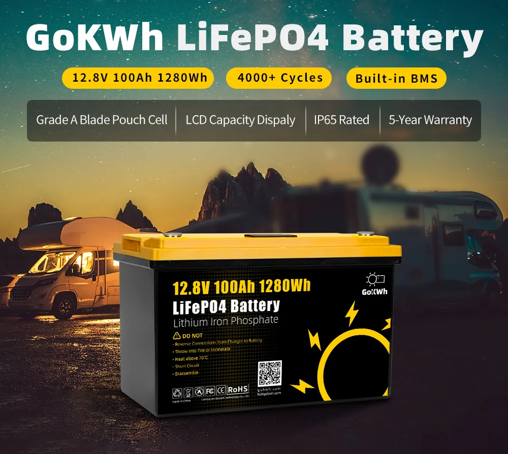 GoKWh 12V 100Ah 1280Wh LiFePO4 Battery - Monitor with LCD Display