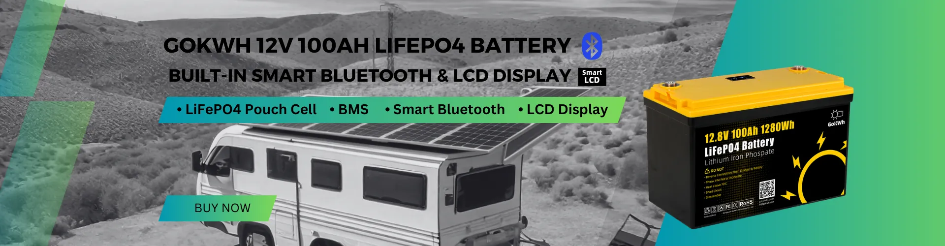 GoKWh 12V 100Ah LiFePO4 Battery Built-in Smart Bluetooth & LCD Display